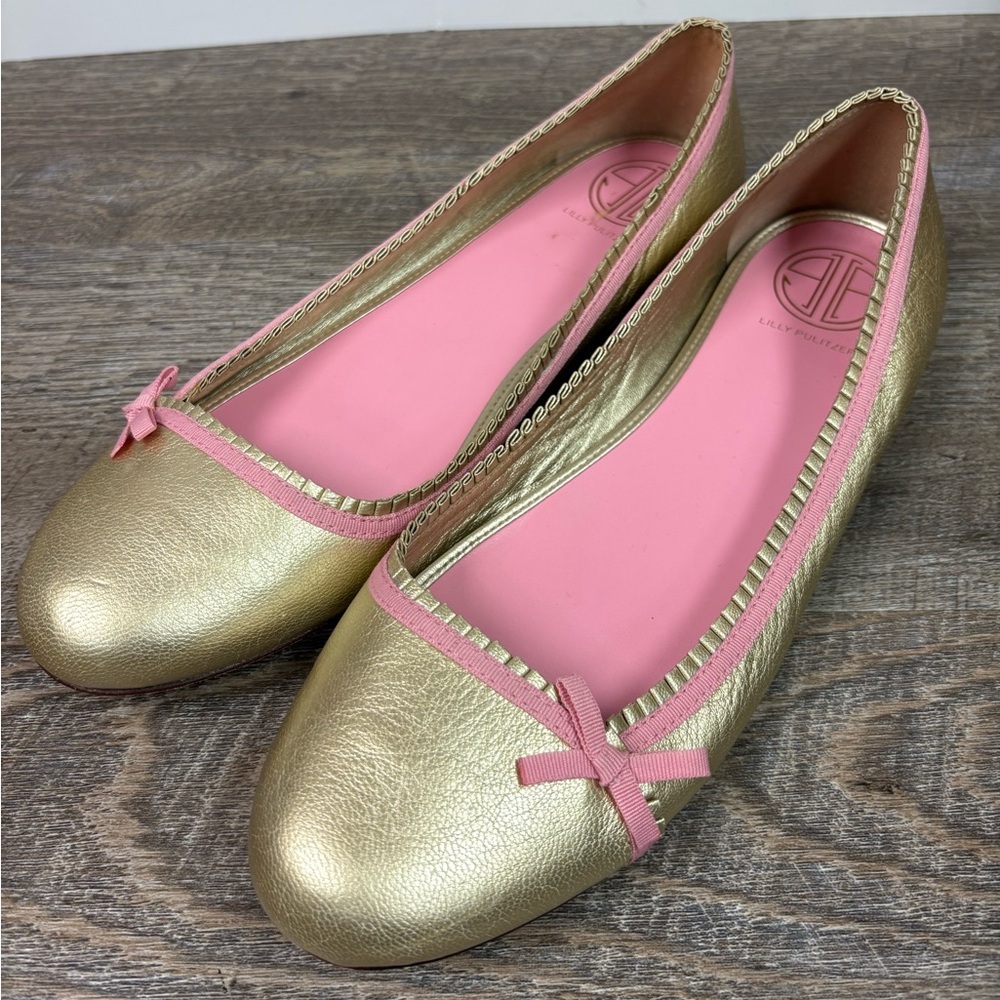 Lilly Pulitzer Gold Metallic Leather Ballet Flats Pink Trim Bow Size 8.5M
